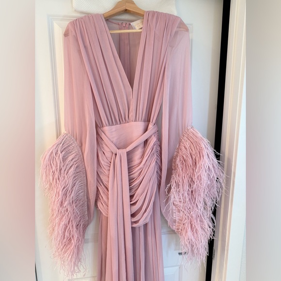 NWOT BRONX AND BANCO Geisha Pink Maxi Dress Elegant Feathered Gown - Picture 10 of 15